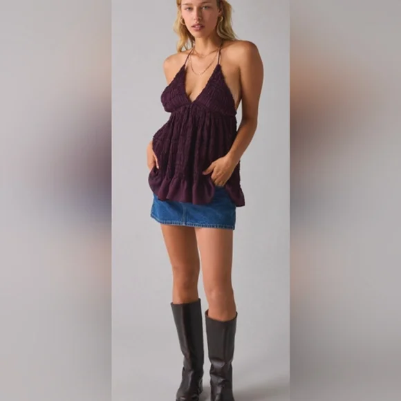 Kimchi Blue Brown Ruffled Babydoll Tunic Halter Top - Picture 2 of 5